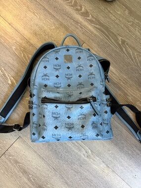 MCM Light Blue Visetos Mini Backpack with Black Accents